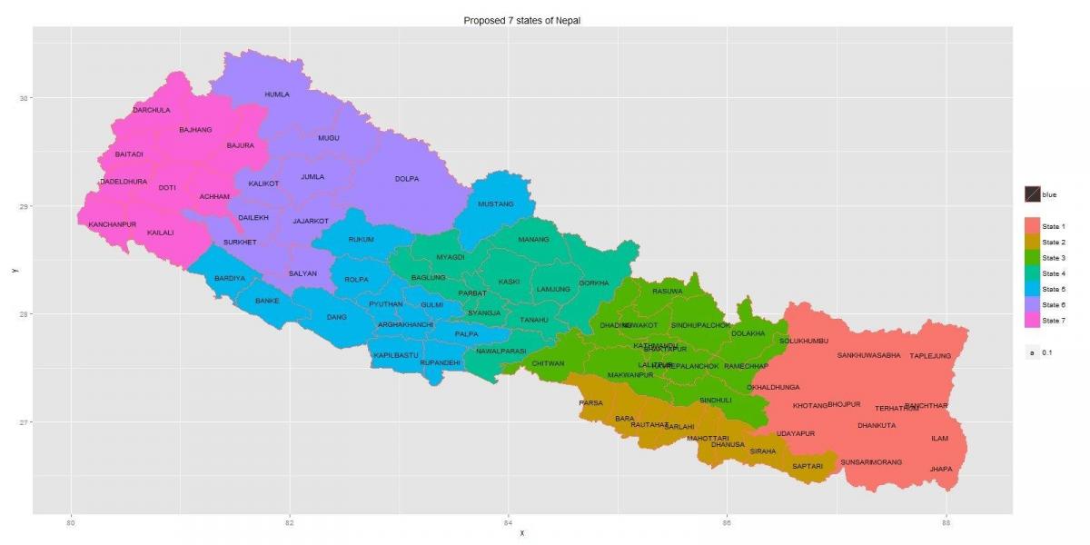 새로운 네팔의 지도와 7 개 국가