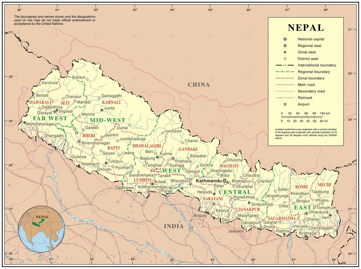 인도 네팔어 국경에 도로 지도